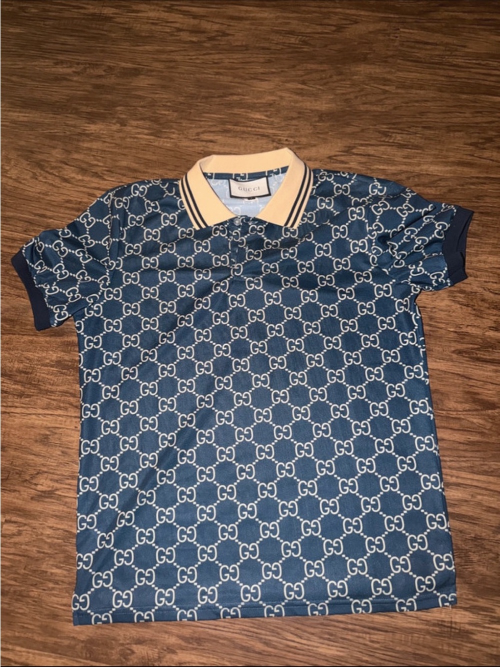 Gucci Blue Monogram GG Polo with Cream Contrast Collar